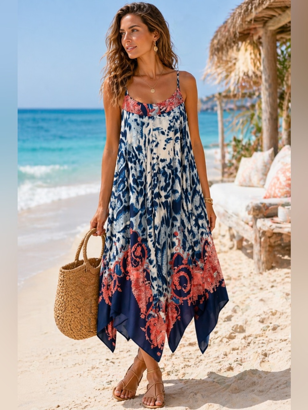 Boston Proper Paisley Midi Maxi Dress Blue Coral Handkerchief Resort Boho Size 6